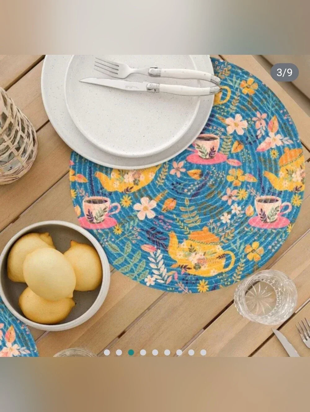 (Set of 4) Colorful Round Placemats Jute Made In India Teapot & Teacup Floral